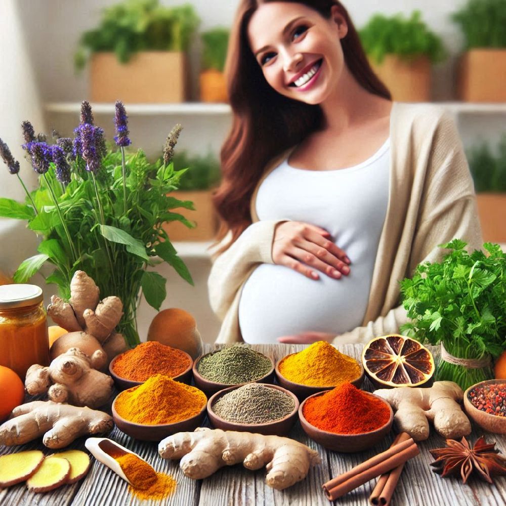 In this image, the young woman sits at a table with a plate of vibrant, spice-infused food before her. With a peaceful expression, she takes a moment to enjoy the nourishing meal. Her pregnancy glow is evident, and the spices surrounding her are a testament to her mindful approach to health. There’s an air of calmness, serenity, and contentment as she prioritizes both her and her baby's health through wholesome, flavorful choices.